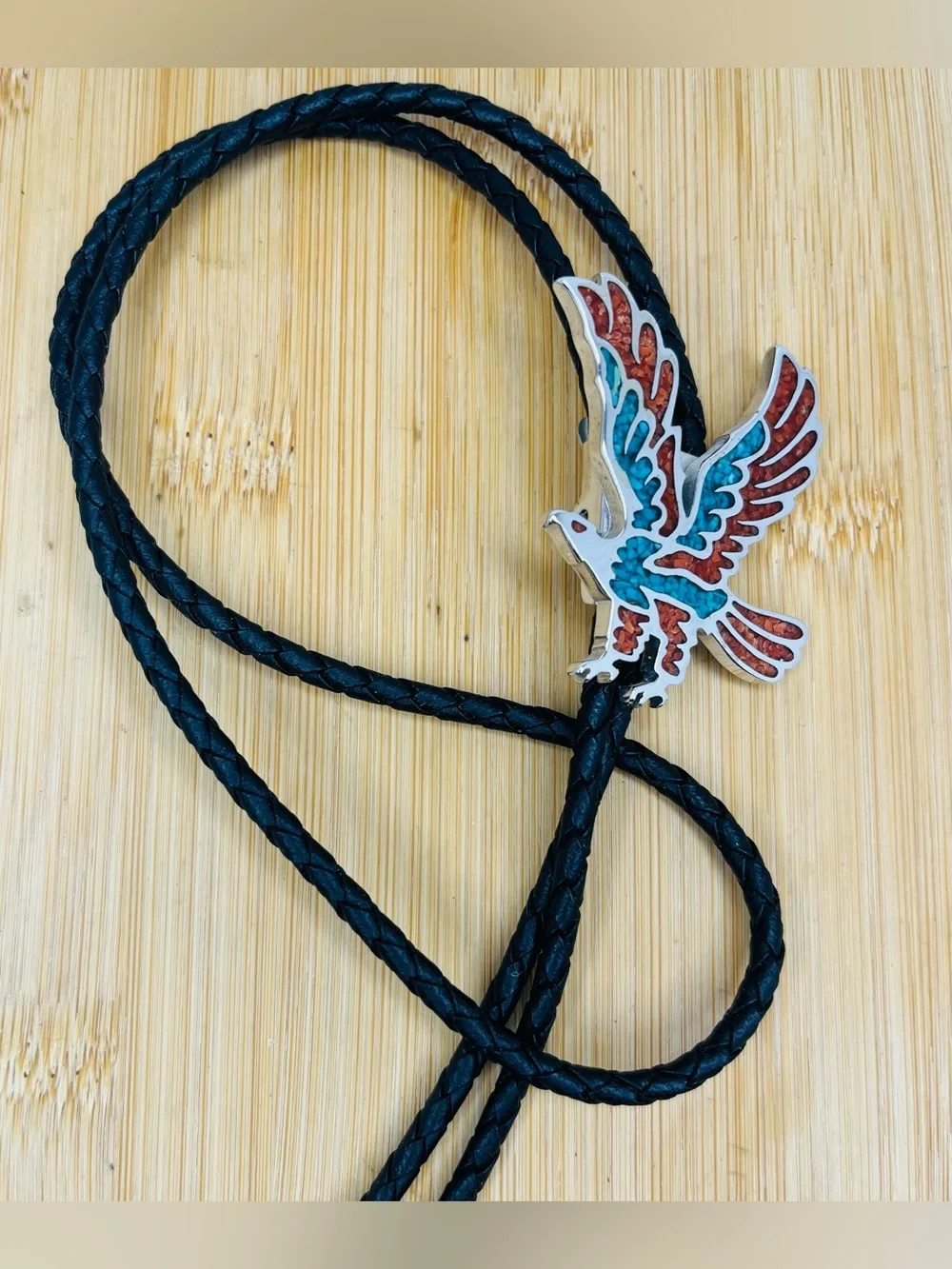 Vintage Southwestern Turquoise Coral Chip Inlay Eagle Bolo Tie Leather Cord.